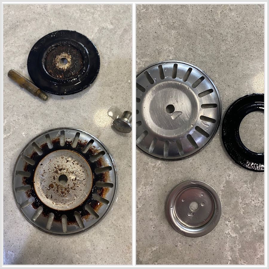 Sink drain parts: dirty before on the left and clean after on the right